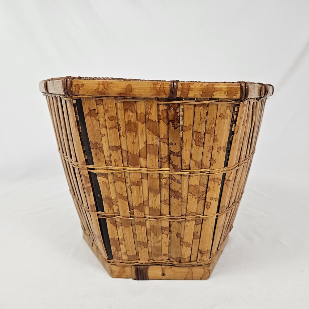 Vintage Tortoiseshell Bamboo Basket Planter Wastepaper Trash Can Boho MCM Rattan - Picture 5 of 10